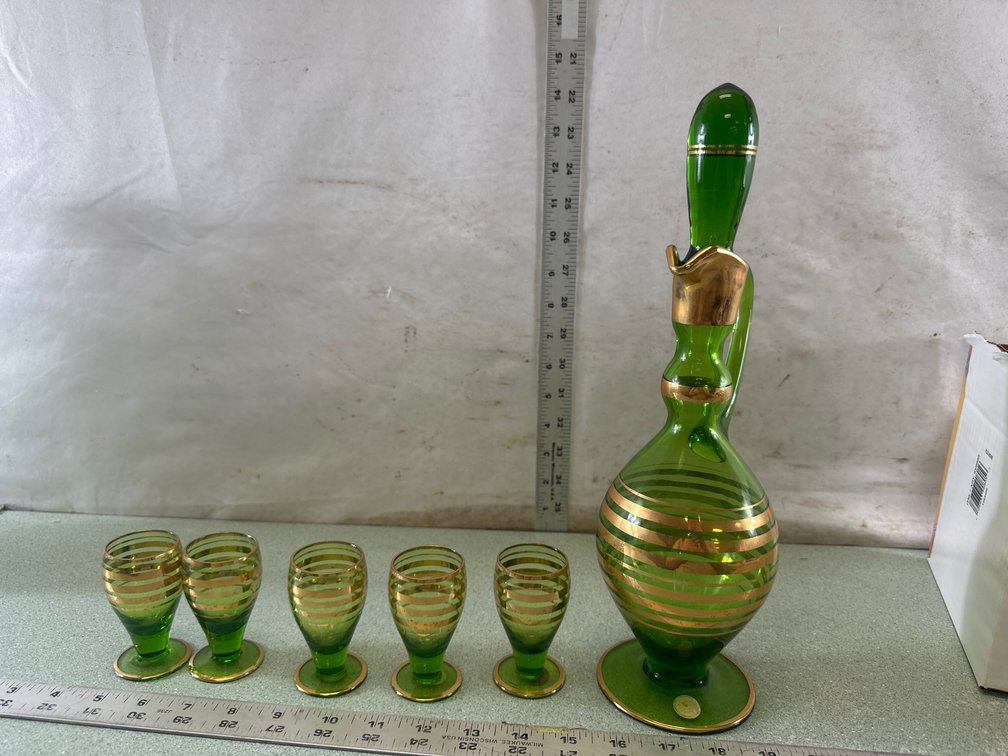 Romanian Green Glass Decanter and Cordial Set