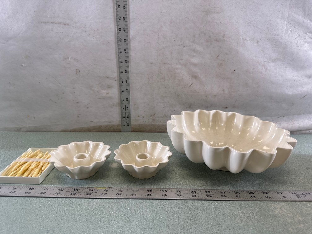 Ceramic Fluted Bowl, Candle Holders, and Appetizer Tray