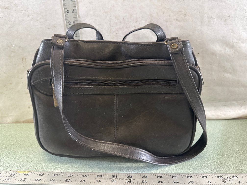 Dark Brown Leather Multi-Pocket Shoulder Bag
