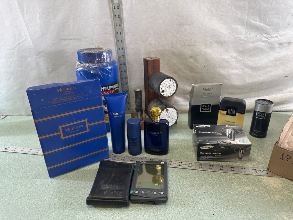Avon Fragrance Set, PalmPilot PDA, Samsung Headset, and Media