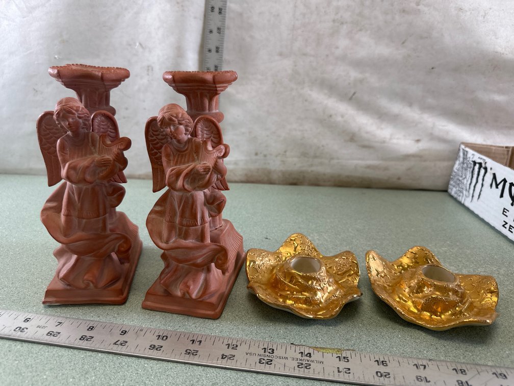Terracotta Angel and Metallic Gold Candle Holders