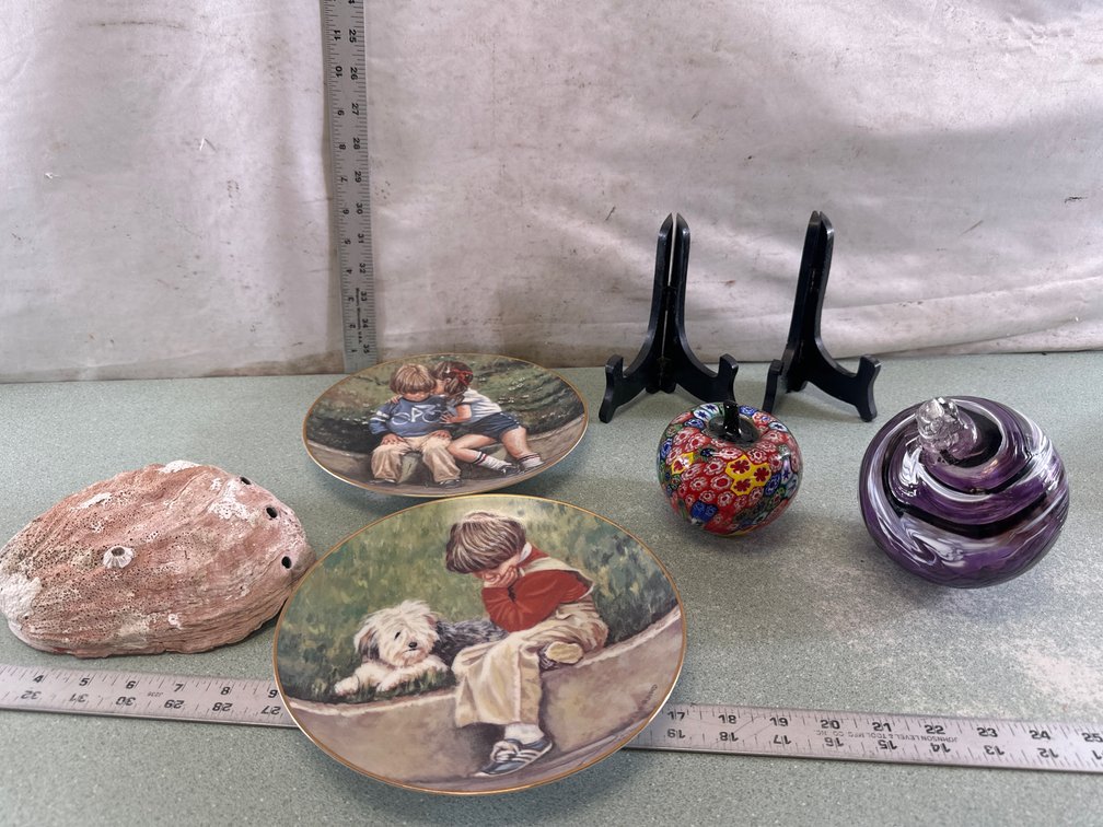 Collector Plate, Art Glass Paperweight, and Abalone Shell