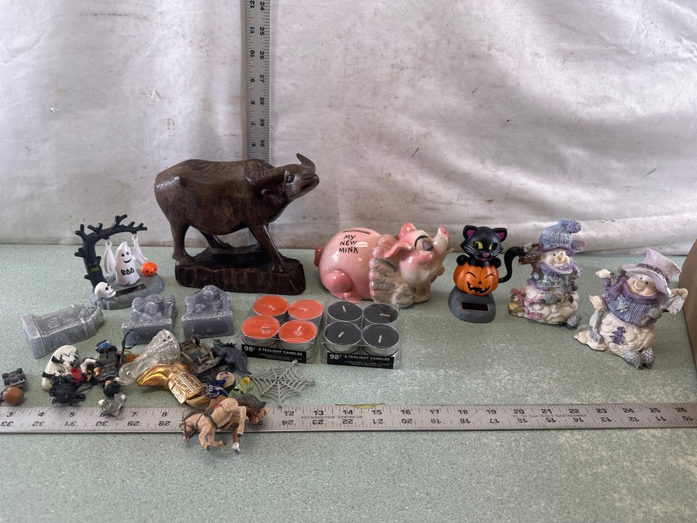 Ceramic Pig Bank, Carved Wood Figurine, and Seasonal Decor