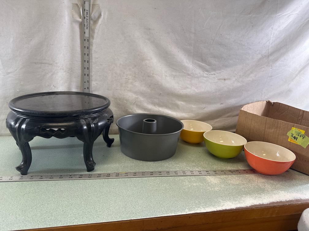 Carved Wood Display Stand, Tube Cake Pan, and Bowl
