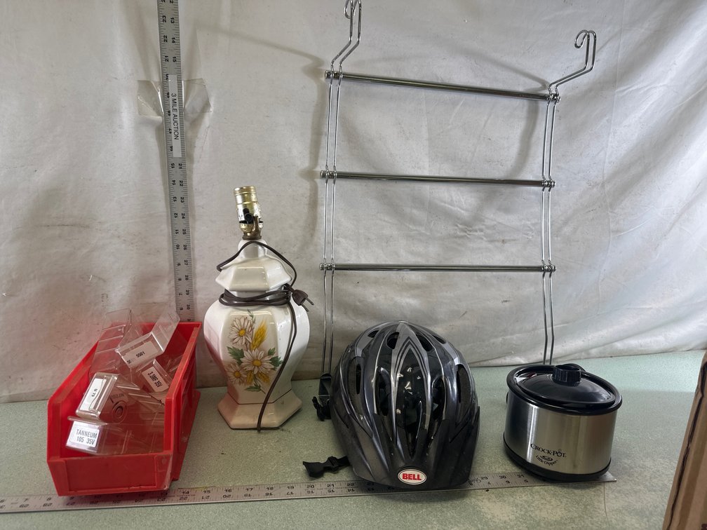 Table Lamp, Food Warmer, Helmet, Wire Rack, and Storage Bin