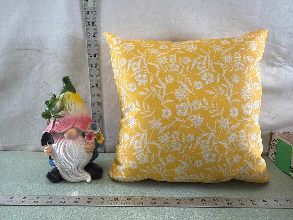 Garden Gnome Figurine and Floral Throw Pillow