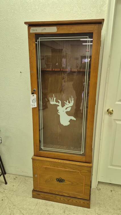 Oak-Finish Gun Cabinet with Etched Glass Door