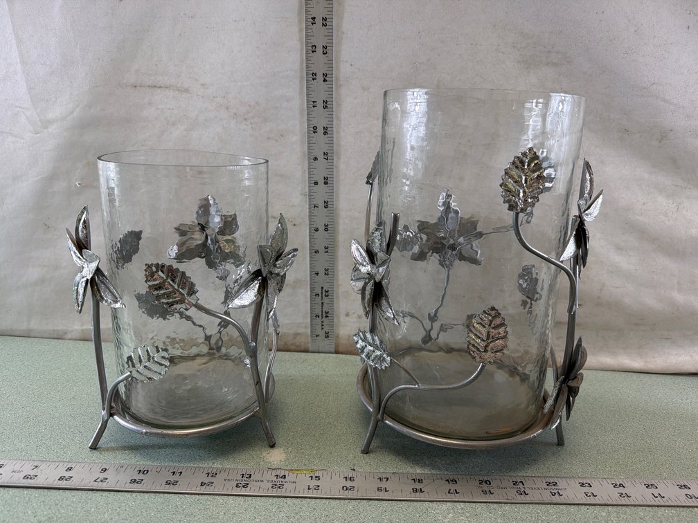 Glass Hurricane Vase with Floral Metal Stand