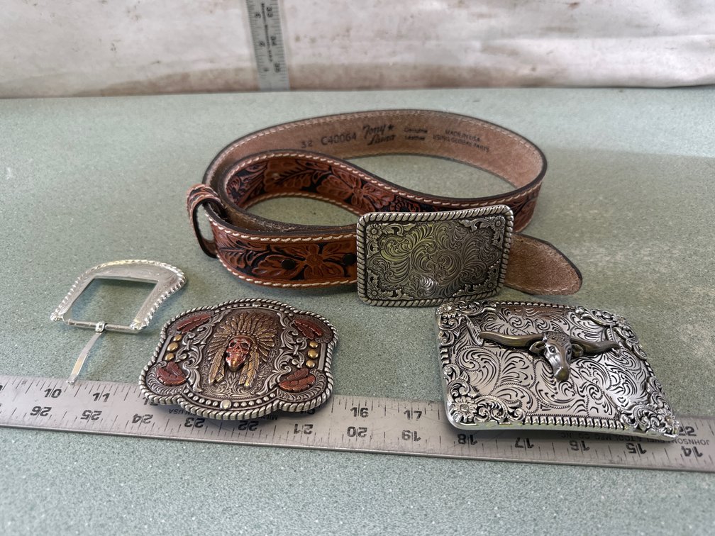 Tooled Leather Belt and Western Belt Buckles