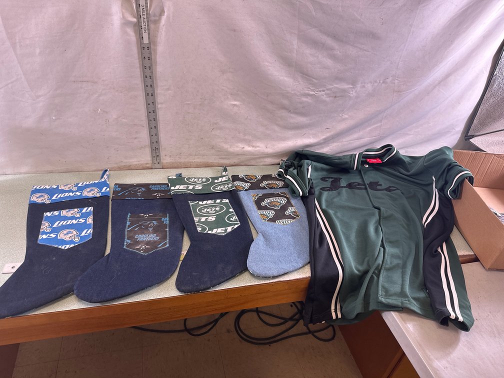 NFL Denim Holiday Stockings and New York Jets Jersey