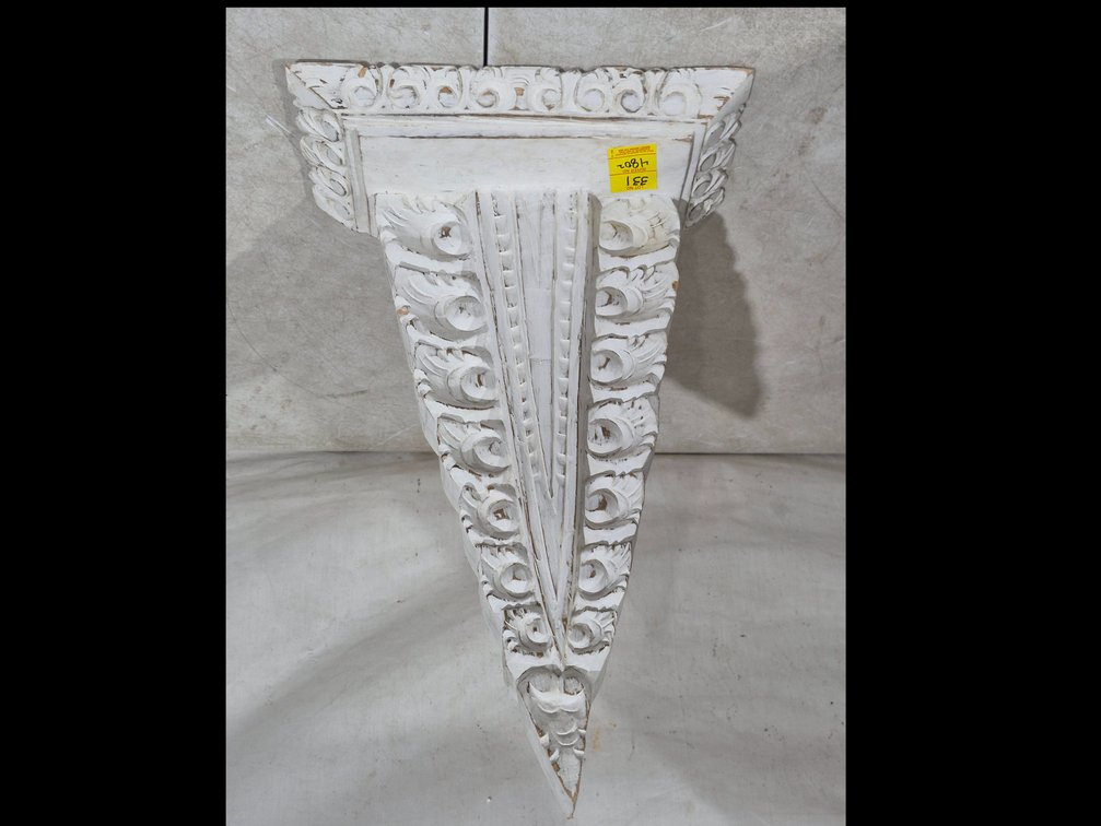 Distressed White Carved Wood Wall Shelf