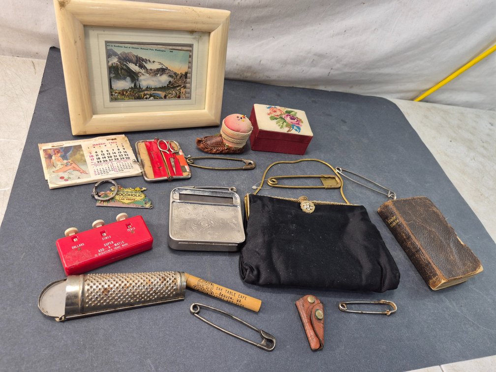 Vintage Evening Bag, Antique Miniature Holy Bible, and Novelty Accessories