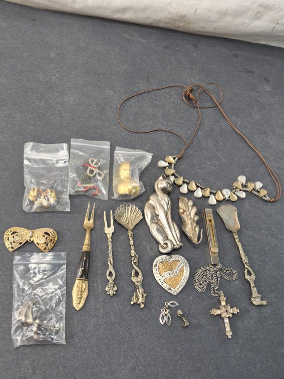 Vintage Costume Jewelry, Sterling Brooch, and Vintage Miniature Flatware