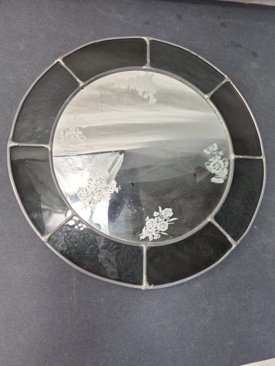 Round Leaded Glass Wall Mirror with Floral Etching