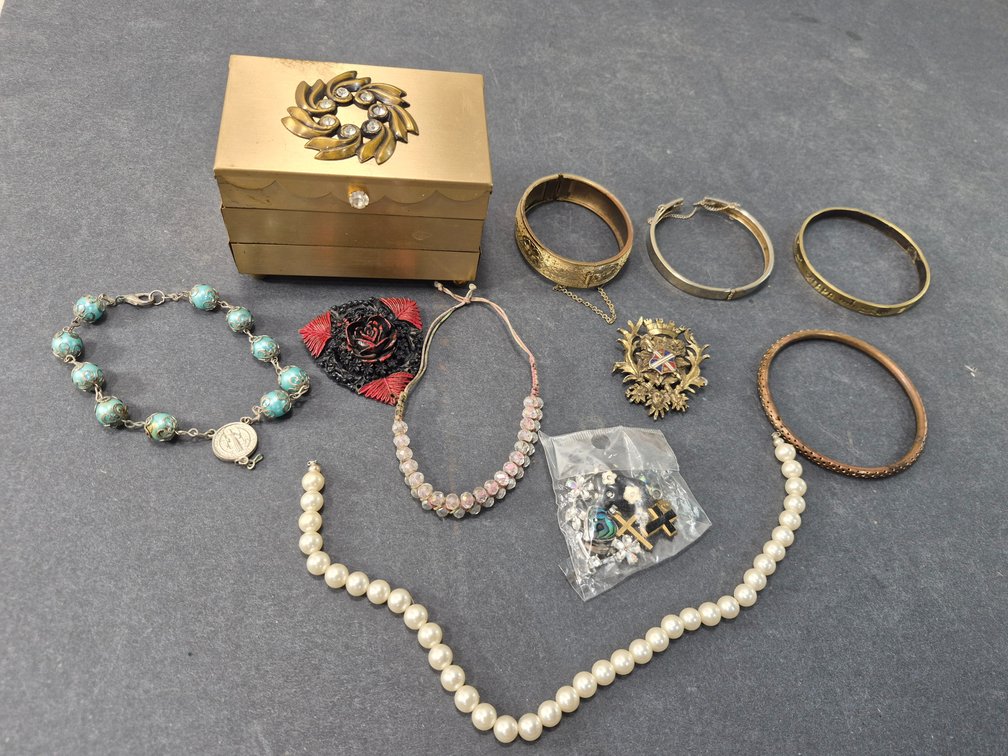 Vintage Costume Jewelry and Footed Jewelry Box