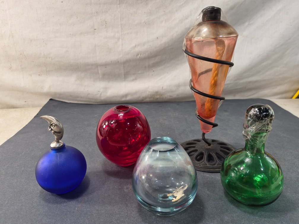 Vintage Art Glass Bottle, Bud Vase, and Oil Candle