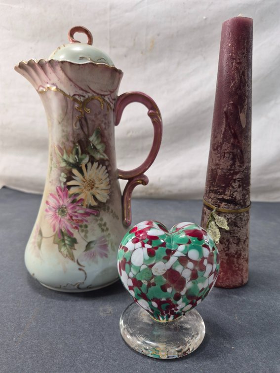 Vintage Hand-Painted Porcelain Pitcher, Art Glass Heart, and Taper Candle