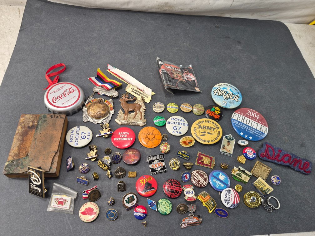 Large Lot of Vintage Collectible Pinback Buttons, Lapel Pins, and Printing Block