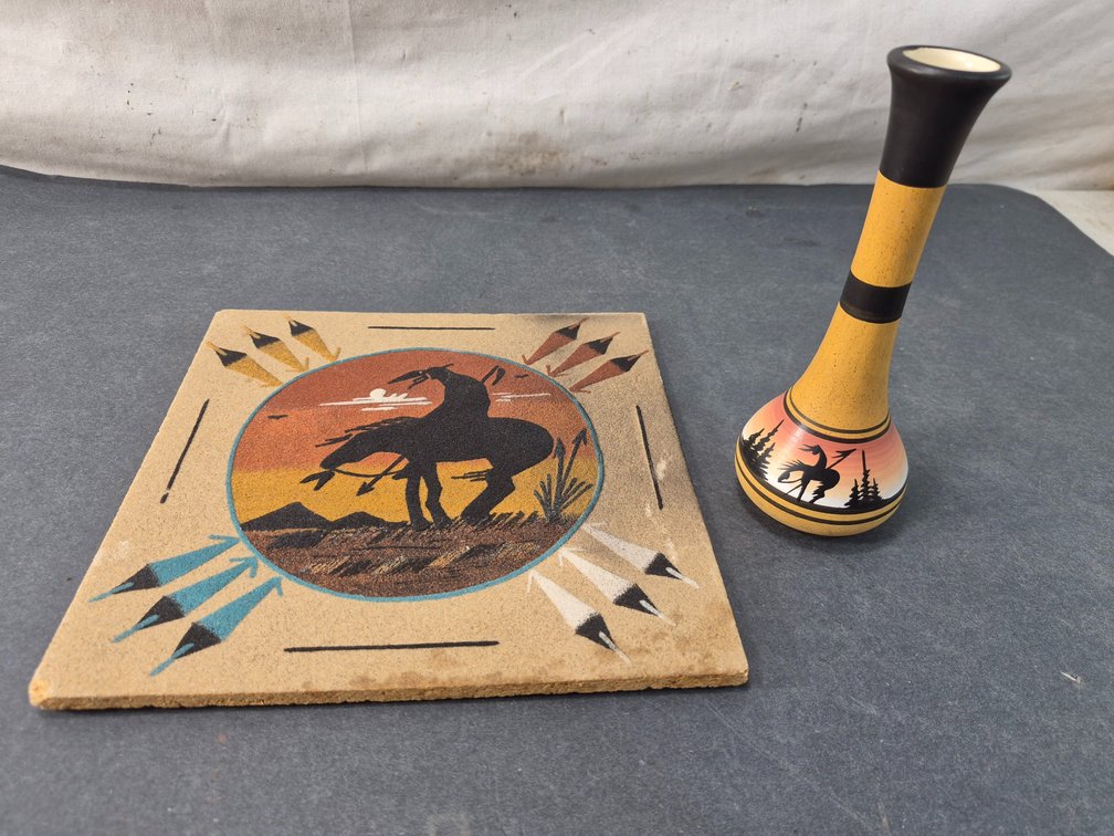 End of the Trail Sand Art Plaque and Pottery Bud Vase