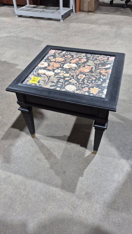 Black Square Side Table with Floral Inset Top