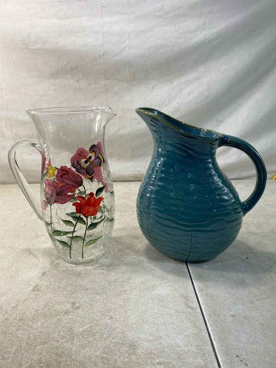 Crackle Glass Pitcher and Glazed Ceramic Pitcher