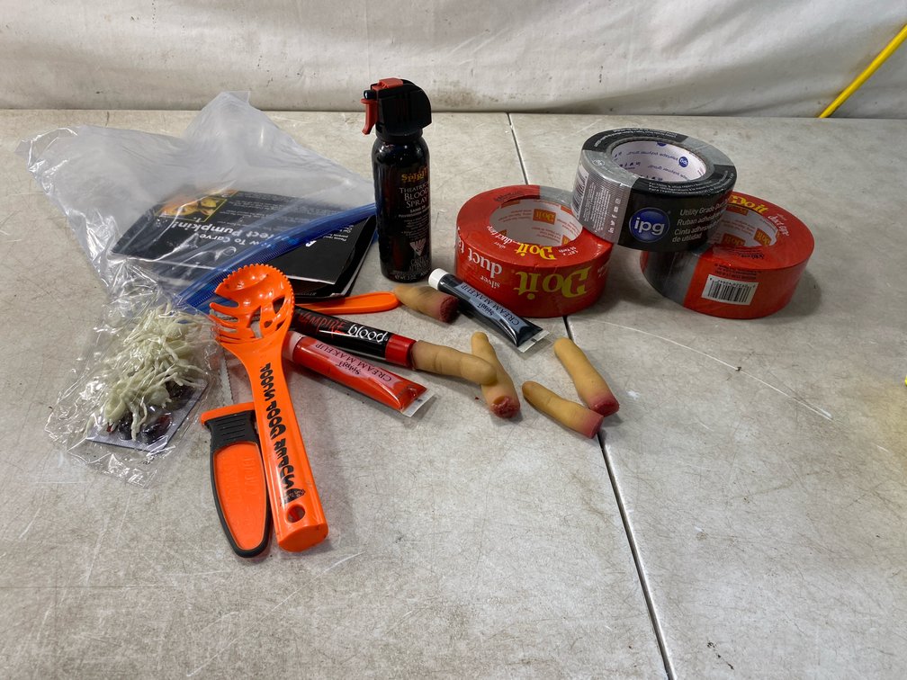 Halloween Makeup, Pumpkin Carving Kit, and Duct Tape