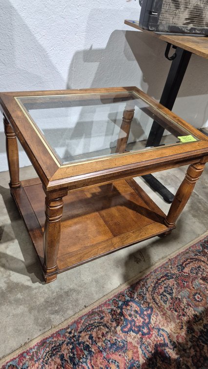 Square Wood End Table with Brass-Trimmed Glass Top