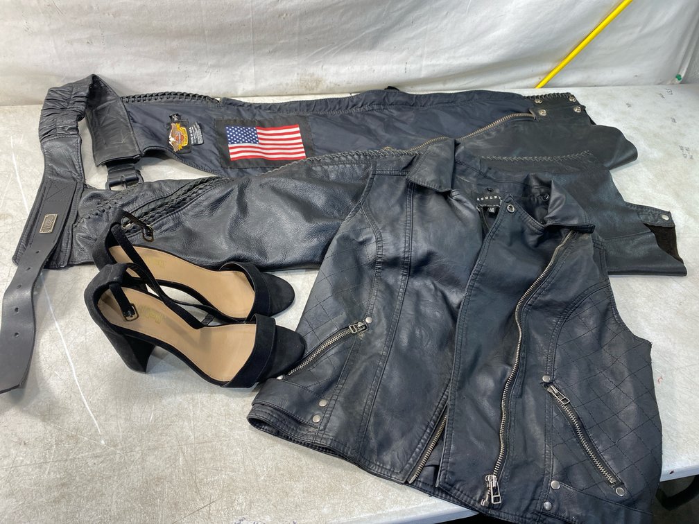 Motorcycle Chaps, Moto Vest, and Heeled Sandals