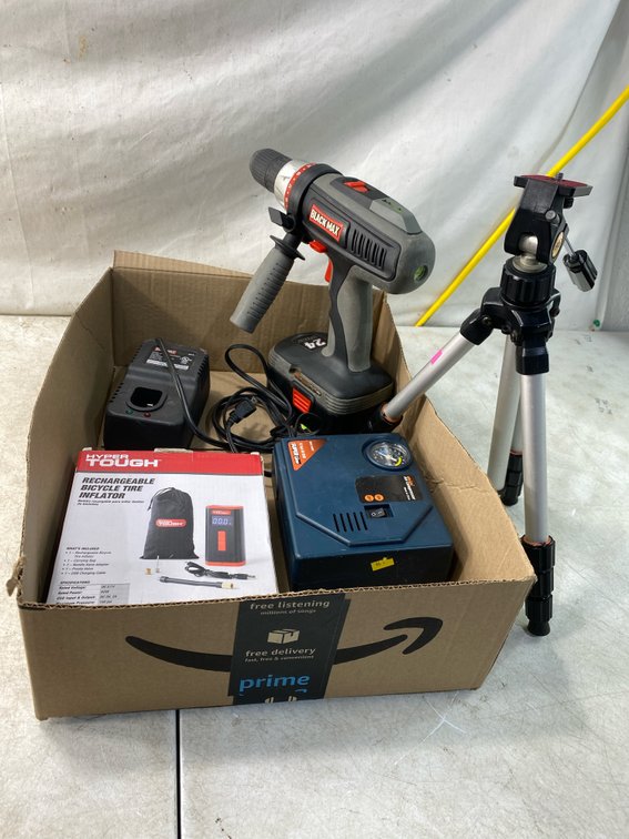Cordless Drill, Air Compressor, and Tripod