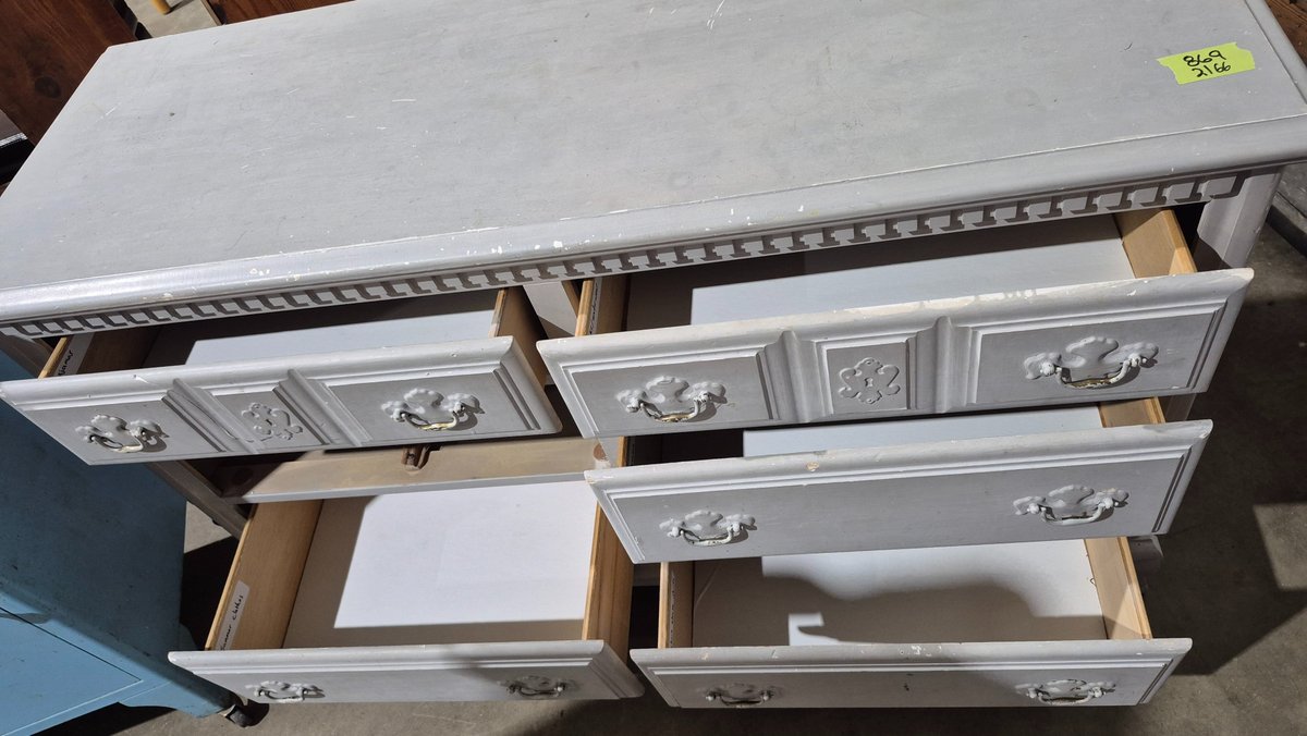 Grey Painted Wood Dresser with Dentil Trim