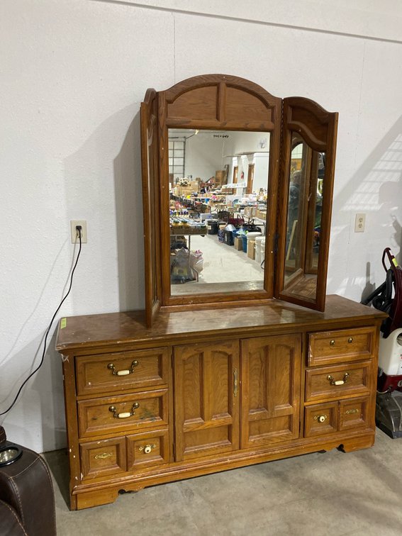 Oak Finish Wood Dresser with Tri-Fold Mirror