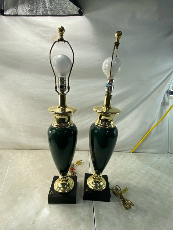Dark Green Ceramic and Brass Urn Table Lamp