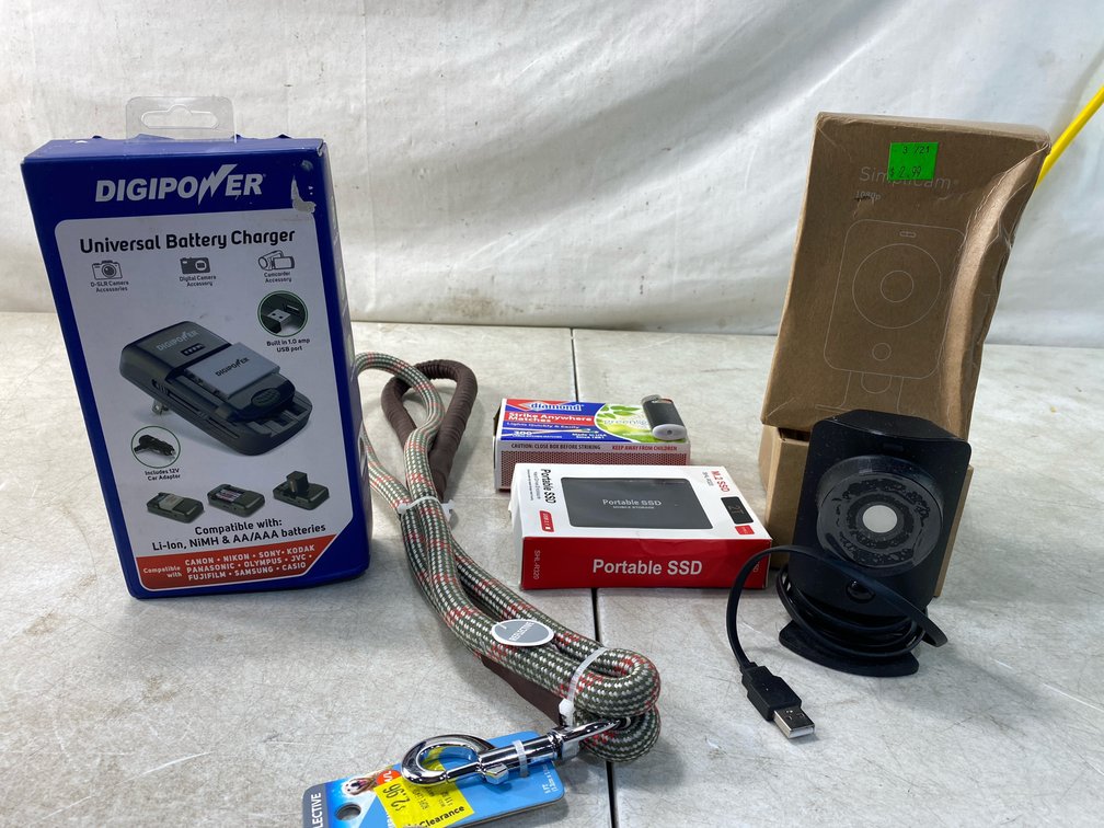 Security Camera, Universal Charger, Portable SSD, and Pet Leash