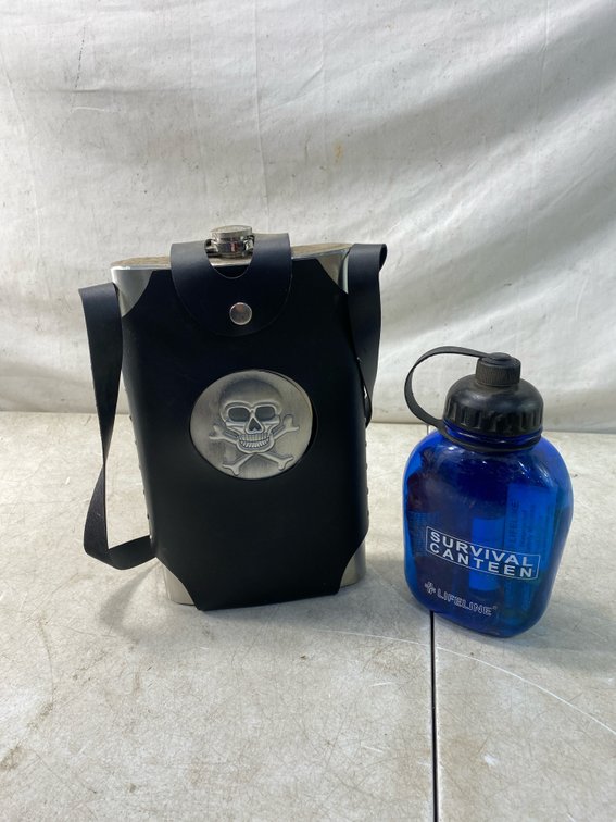Metal Flask in Holster and Survival Canteen