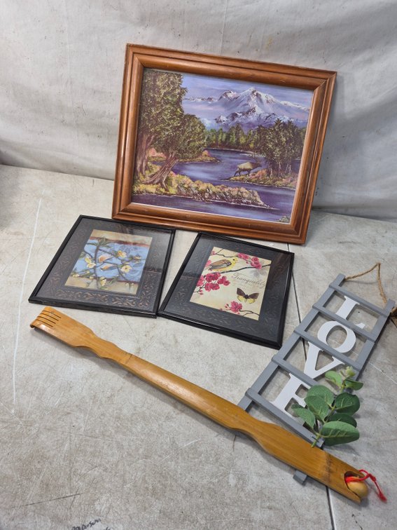 Framed Wall Art, Hanging Sign, and Backscratcher