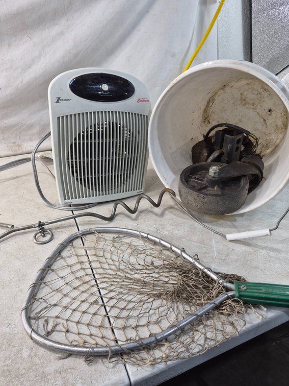Space Heater, Bucket with Casters, Spiral Stake, and Landing Net