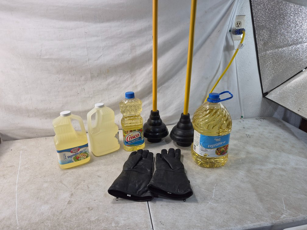 Vegetable Oil, Plungers, and Leather Gloves