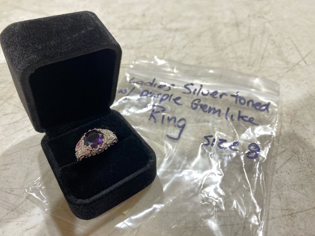 Silver-Toned Filigree Ring with Purple Stone
