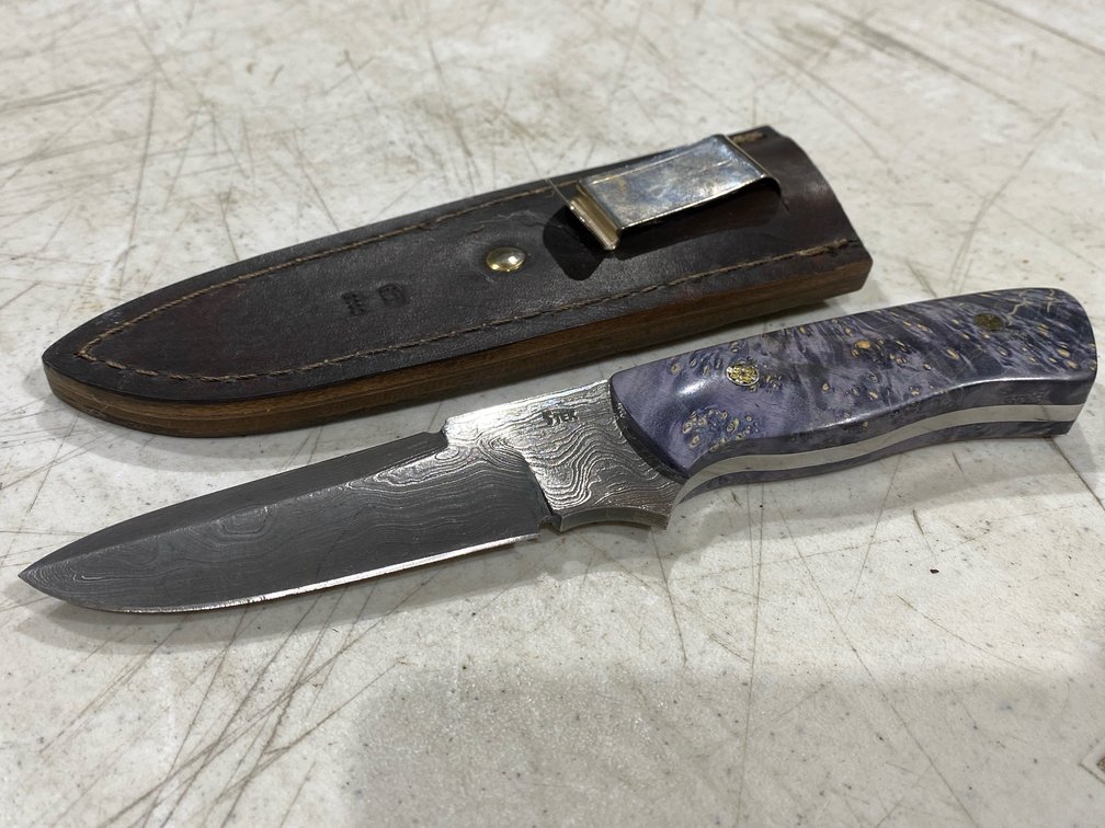 STEK Damascus Fixed Blade Knife with Leather Sheath