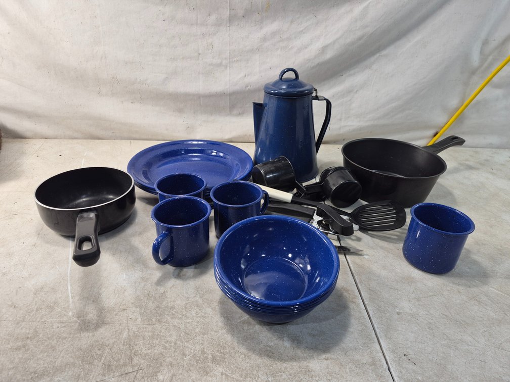 Blue Speckled Enamelware Camping Cookware and Utensils