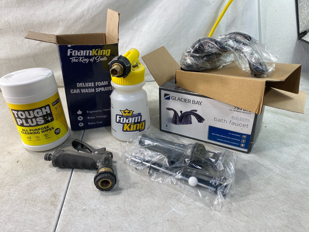 Bath Faucet, Car Wash Foam Sprayer, and Cleaning Wipes