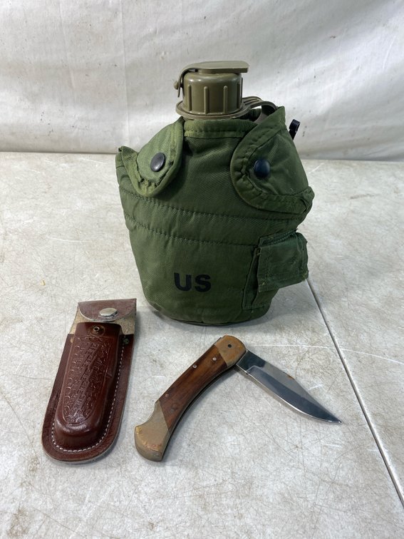 Military Canteen, Folding Pocket Knife, and Leather Sheath