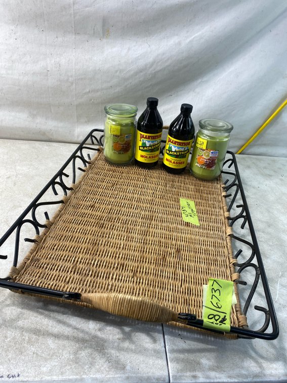 Wicker Serving Tray, Jar Candle, and Molasses