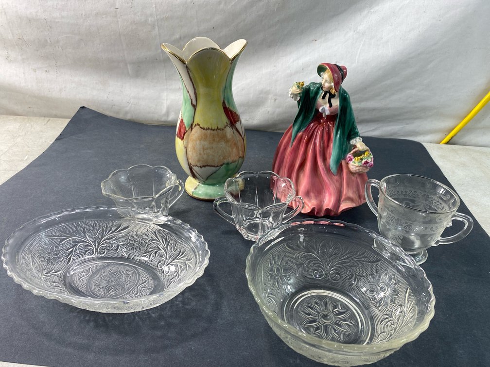Porcelain Figurine, Ceramic Vase, and Glass Tableware