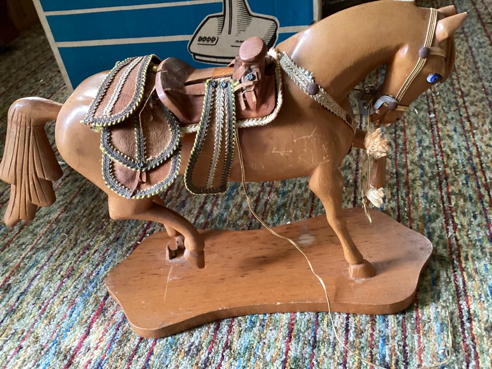 Antique wooden horse with saddle. Unknown carver 16” x 11”
