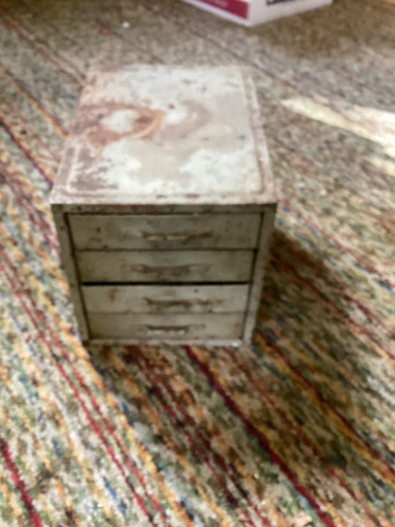 Metal cabinet 3 drawer full of screws 6 x 8 x 6 h.