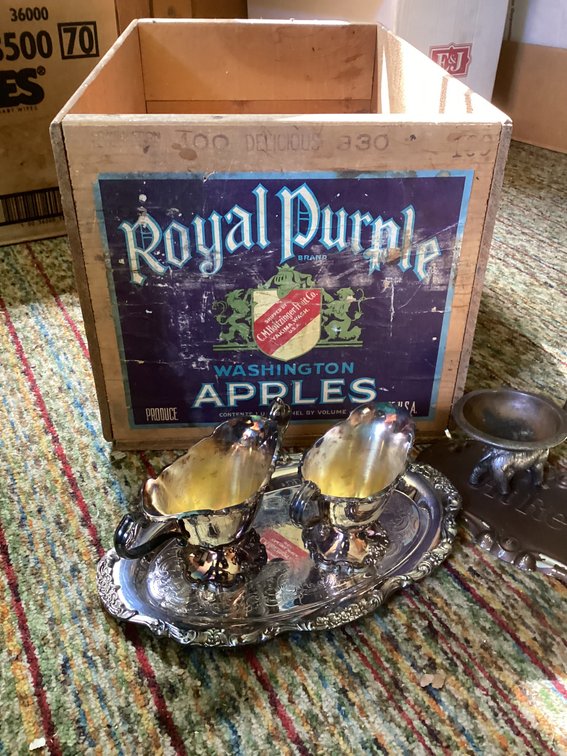Ice apple box with silverplate bowls and plates and elephant ash tray