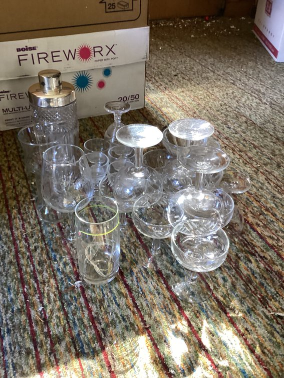Stemmed bar glasses and mixer