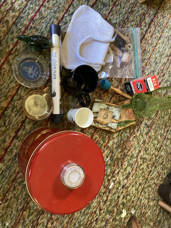 Loon flute, RCA tube, ash trays, purse and sewing items