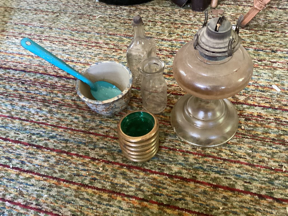 Hurricane lamp no chimney, coasters, glasses and sponge bowl with crack
